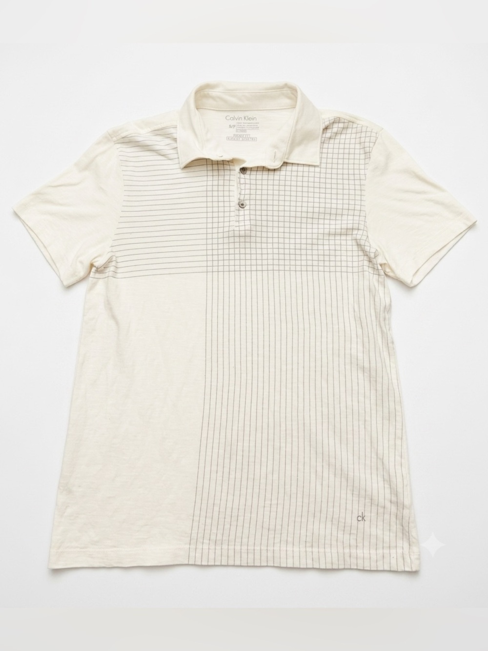 Calvin Klein Men's White Grid Stripe Polo Golf Shirt Size S Small 100% Cotton